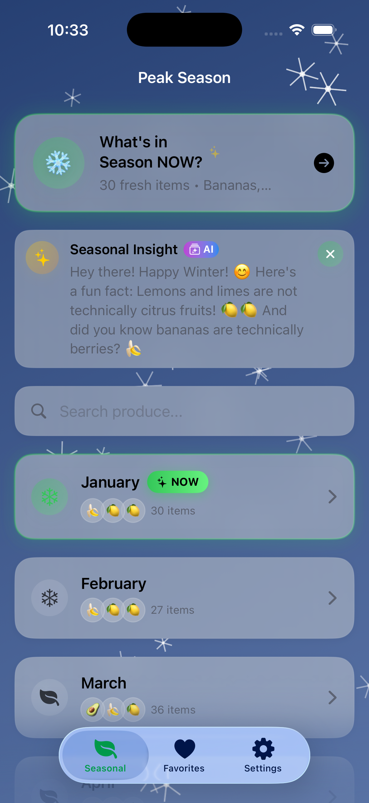 PeakSeason launch screen showing seasonal produce.