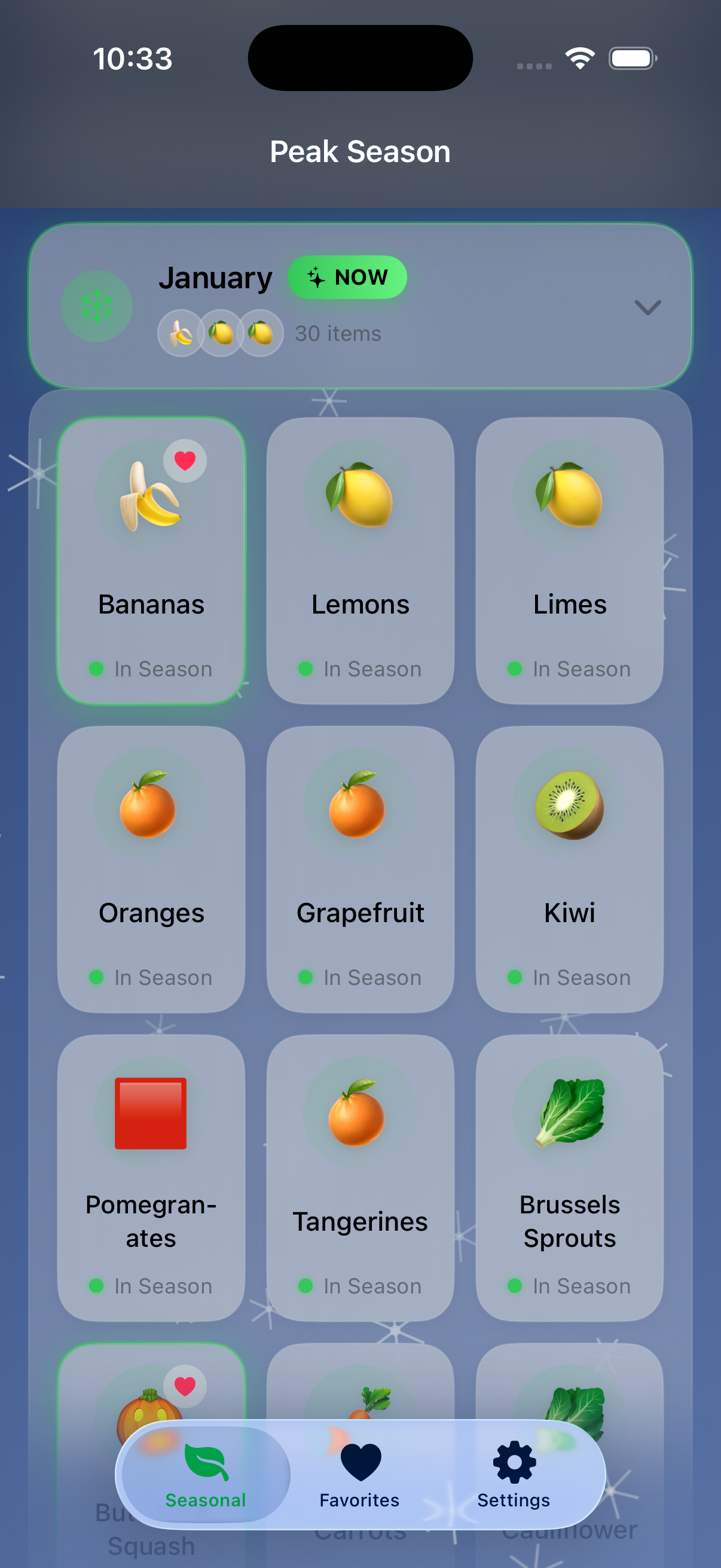 PeakSeason month-by-month produce screen.