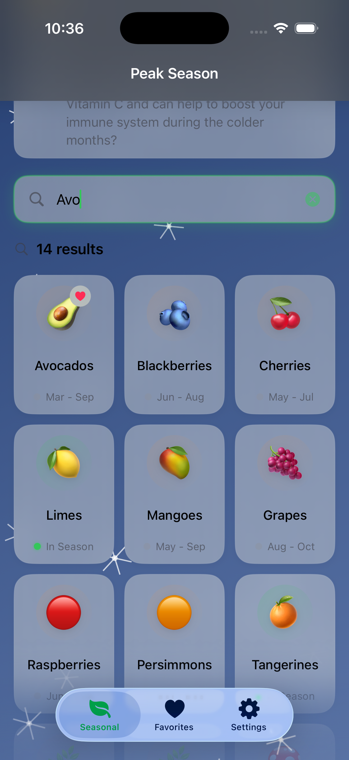 PeakSeason smart produce reference screen.